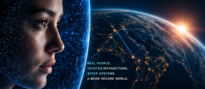 Human profile surrounded by blue digital particles beside a connected Earth